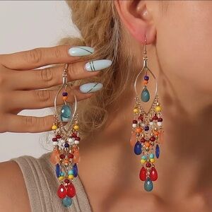 Red and Blue Chandelier Earrings with Beaded Strands